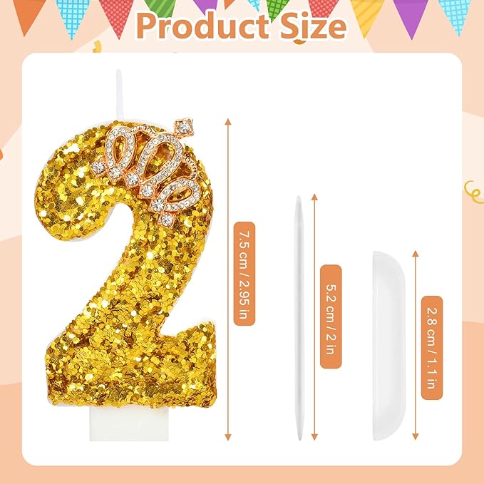 Gold Birthday Candle Crown Number 2 Candle with Sequins Cake Candles Cupcake Decorations Party Decor for Anniversary Celebrations Supplies
