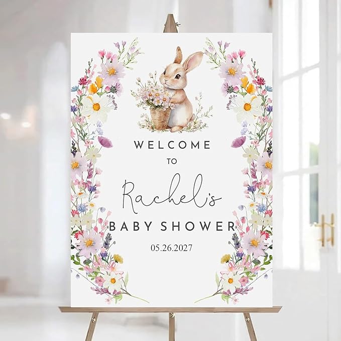Personalized Bunny Rabbit Baby Shower Welcome Sign for Girl, Pink Peter Rabbit Theme, Greenery Bunny baby shower sign, Gift for Boys & Girls, Gender Reveal Decor, Birthday Party Favors (Style 7)