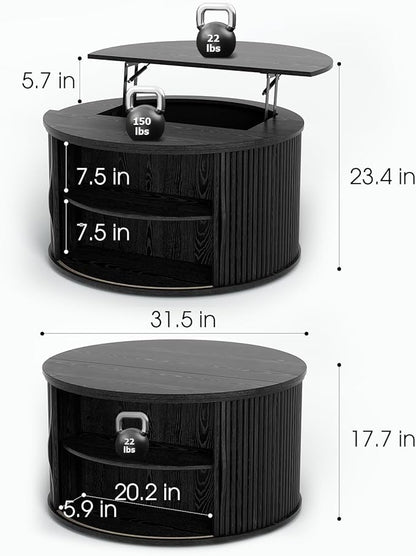 31.5" Black Round Lift Top Coffee Table, Modern Fluted Drum Center Table with Hidden Storage, Minimalist Circle Wood Desk for Living Room & Small Apartment