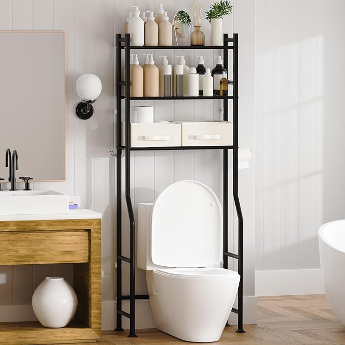 3-Tier Over Toilet Storage with 2 Basket & Anti-Tilt System - 150lb Total Capacity Metal Bathroom Shelves Including Paper Holder & 4 Hooks, Space Saving Above Commode Organizer (64" H, Black)