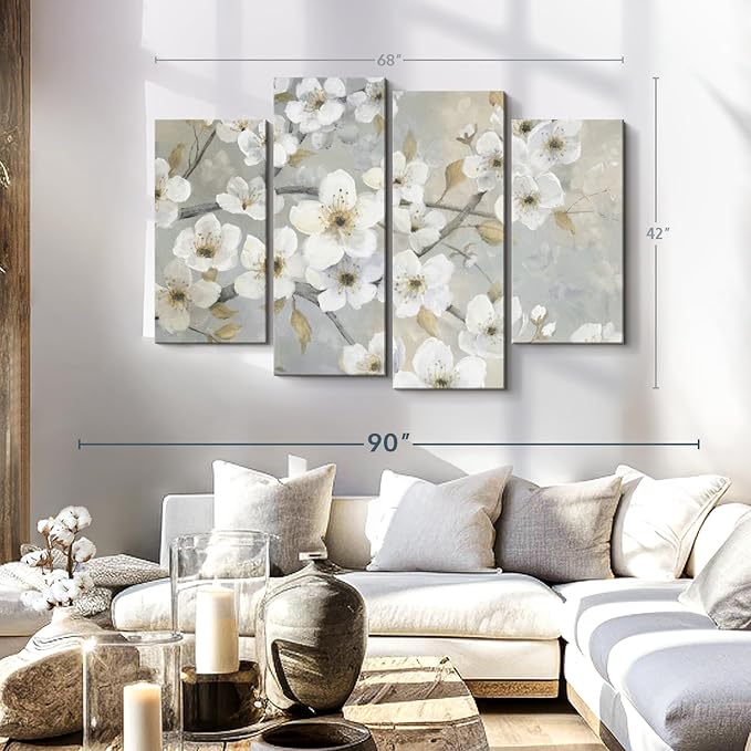 ElephantStock Golden Garden Wall Art - Horizontal Canvas - 4-Piece Living Room Wall Decor - Leaves Painting Canvas Print - Gray and Beige Decor for Wall by Nan - 68" X 42"