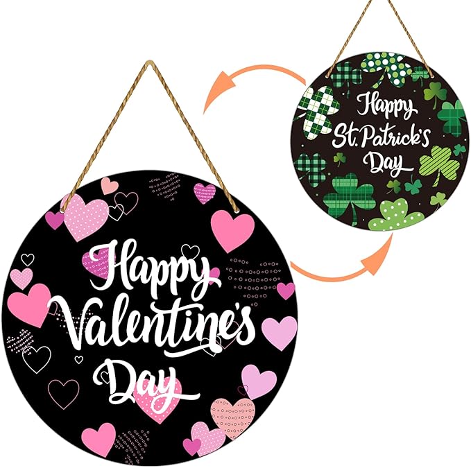 Valentines Day Decorations St Patricks Day Decorations Reversible Happy Valentines Wreath Heart Door Decor Hanging Sign Wooden Front Door Hanger Wreath for Porch Wall Indoor Home Decor
