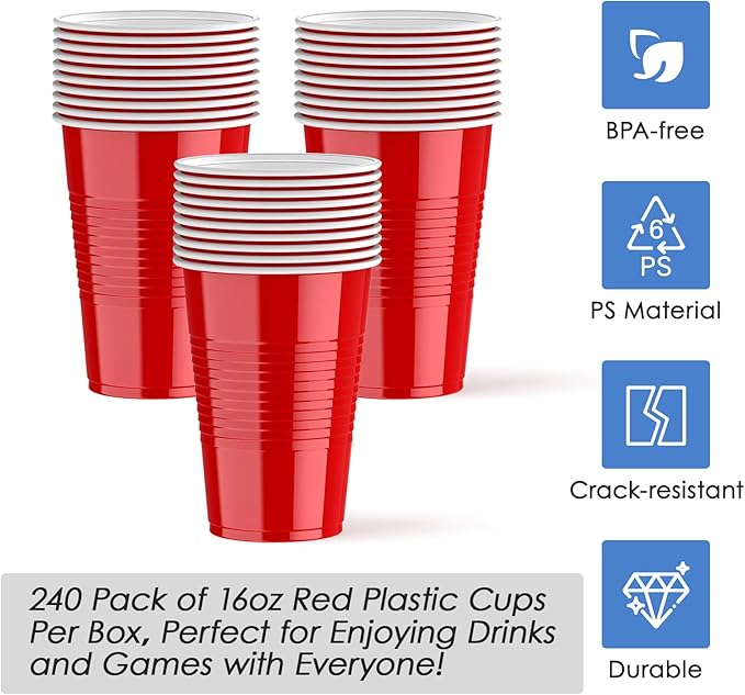 Lilymicky 240 Pack 16 oz Disposable Plastic Cups, Red Party Plastic Cups for Parties, Picnics and BBQ