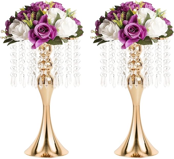 Wedding Centerpieces for Tables, 12.99in Metal Gold Vases for Centerpieces, 2PcsTall Crystal Flower Stand for Centerpiece Table Wedding Party Reception Home Decor