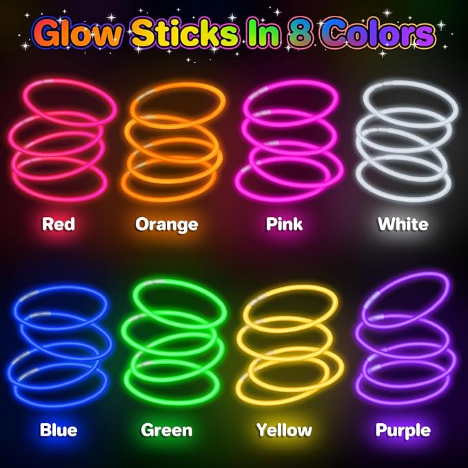 SpringFlower 300Pcs Glow Sticks Bulk Party Supplies, Glow Sticks for Kids Party Favors, Glow in The Dark Party Supplies, Light Up Party Decorations, Wedding, Birthday, Halloween , 8 Colors