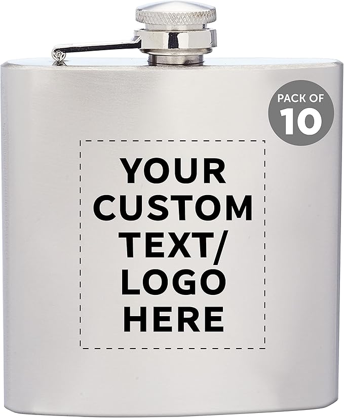 Custom Murano Stainless Steel Hip Flasks 6 oz. Set of 10, Personalized Bulk Pack - Screw on Cap, Great for Wedding Party Gifts, Groomsmen Gifts, Outdoor Activities - Silver