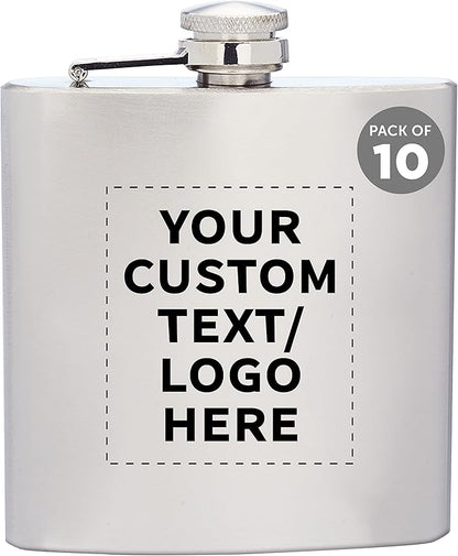 Custom Murano Stainless Steel Hip Flasks 6 oz. Set of 10, Personalized Bulk Pack - Screw on Cap, Great for Wedding Party Gifts, Groomsmen Gifts, Outdoor Activities - Silver