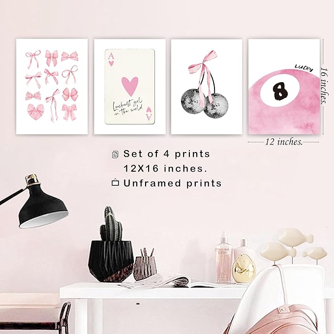 Pink Coquette Trendy Preppy Wall Art Prints Set of 4, Coquette Room Decor, Preppy Room Decor Aesthetic, Pink Bow Disco 8 Ball Cherry Wall Decor Posters for Girls Bedroom Dorm, 12x16 Unframed