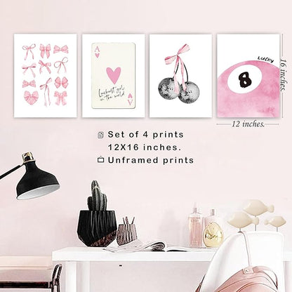 Pink Coquette Trendy Preppy Wall Art Prints Set of 4, Coquette Room Decor, Preppy Room Decor Aesthetic, Pink Bow Disco 8 Ball Cherry Wall Decor Posters for Girls Bedroom Dorm, 12x16 Unframed