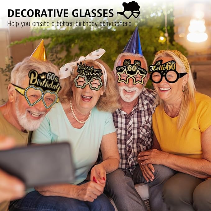 60th Birthday Decorations,39pcs-60th Birthday Decorations for Men & Women,Black Gold 60th Birthday Eyeglasses Decorations Banner Balloons Backdrop Hanging Swirls Paper Fans ,1965 Banner Party Supplies