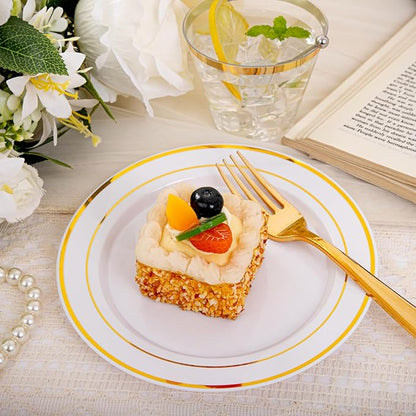 bUCLA 150PCS Gold Plastic Dinnerware Set Disposable - Heavy Duty Gold Plates Include 25 Dinner & 25 Dessert Plates,25 Forks,25 Knives,25 Spoons&25 Cups for Party&Wedding