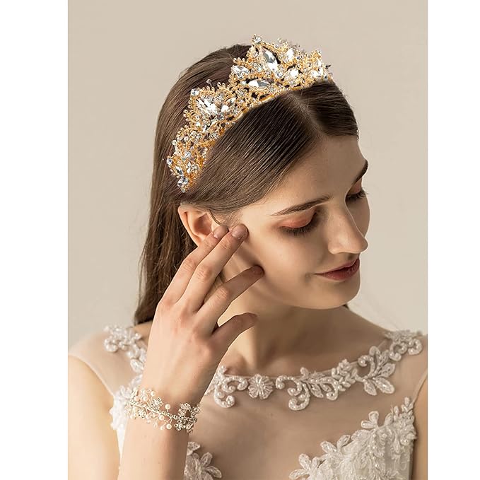 Gold Tiara and Crown for Women Crystal Headband with Comb Rhinestones Princess Hairpiece for Girls Wedding Hair Accessories for Party Bride Bridesmaids Bridal Prom Halloween Costume Cosplay