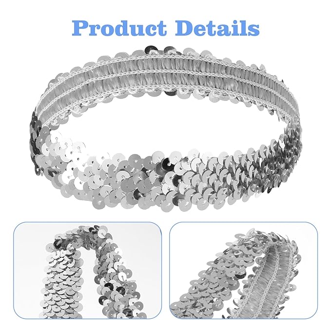 2Pcs Silver Sequins Headband for Women - 80s 90s Themed Sparkle Glitter Vintage Hair Accessories for Disco Party Club Concert Women