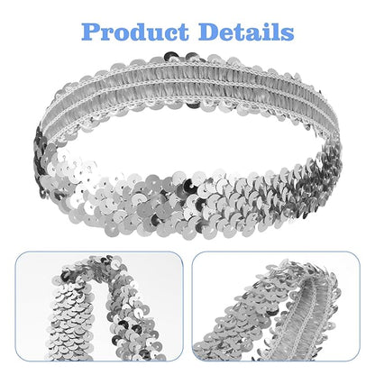 2Pcs Silver Sequins Headband for Women - 80s 90s Themed Sparkle Glitter Vintage Hair Accessories for Disco Party Club Concert Women