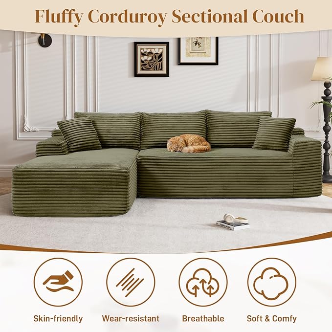 95" L Shaped Boneless Sectional Couches, Wide Armrest, Deep Seat, Memory Foam, Assembly Free, Modern Comfy Corduroy Fluffy Cloud Sofa with Left Chaise for Living Room, Small Spaces, Green