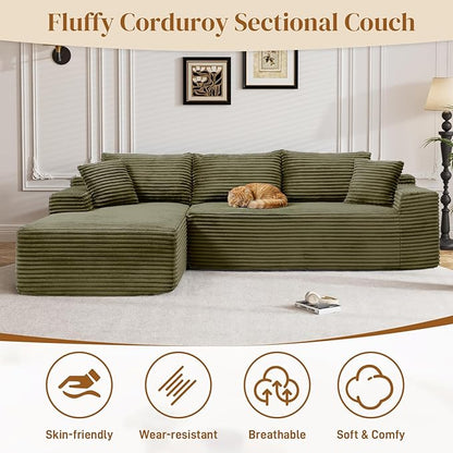 95" L Shaped Boneless Sectional Couches, Wide Armrest, Deep Seat, Memory Foam, Assembly Free, Modern Comfy Corduroy Fluffy Cloud Sofa with Left Chaise for Living Room, Small Spaces, Green
