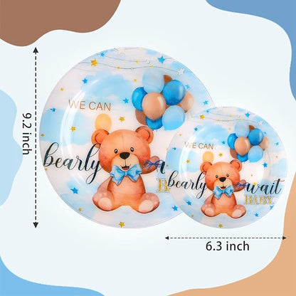 WELLIFE 20PCS We Can Bearly Wait Teddy Bear Plates – Reusable Plastic Dinner & Dessert Plates (10×9.2" + 10×6.3") for Baby Shower, Gender Reveal & Boy Birthday Party