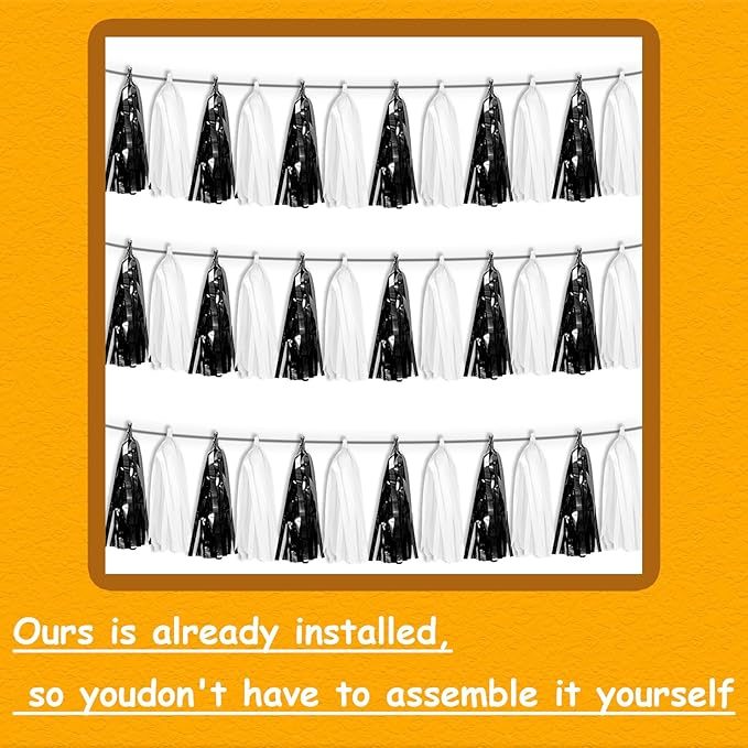 3P Black White Tassel Banner Garland Metallic Foil Fringe Banner Tinsel Tassels Streamer Banner Backdrop for Parade Floats Graduation, Halloween, Christmas, Father's Day Party Decorations