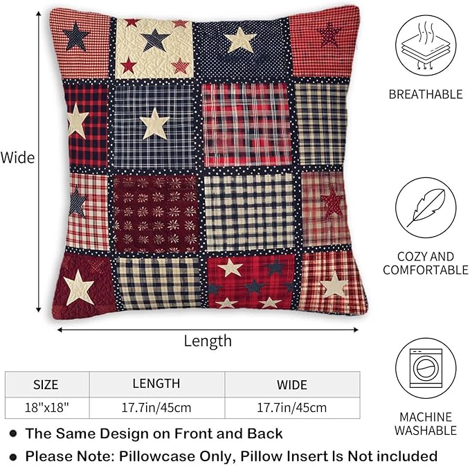 Flag Patchwork Print Throw Pillow Covers Set of 2 | 18x18 Inches Cushion Cases for Couch, Sofa, Bedroom and Living Room | Farmhouse Pillowcases for Home Decoration