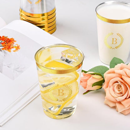 100 Pieces Monogrammed Plastic Cups Gold Foil Letter B Disposable Cups 12 oz Clear Initial Party Cups for Wedding Birthday Baby Shower Personalized Party Drinkware