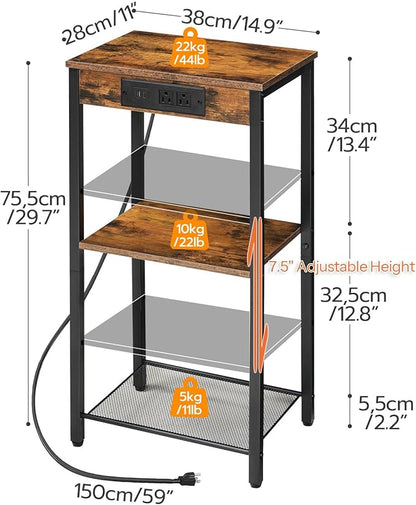 HOOBRO Tall End Table with Charging Station, 30 Inch Slim Tall Nightstand, 3-Tier Narrow Side Table with Adjustable Shelf, for Living Room, Bedroom, Small Space, Hallway, Rustic Brown BF09UDH01G1
