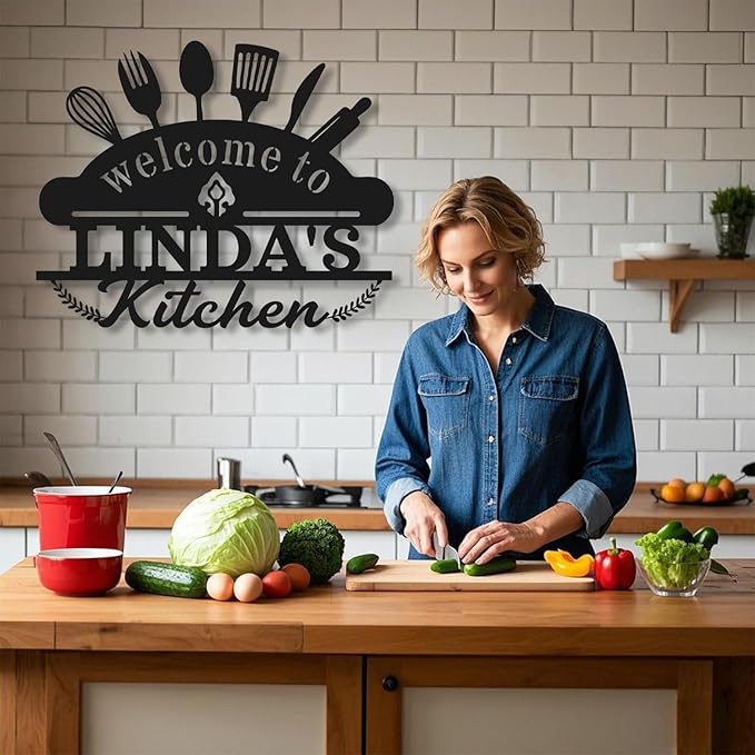 Personalized Kitchen Signs Wall Decor - Custom Metal Name Sign, Custom Kitchen Sign, Rustic Kitchen Decor Wall, Gift for Mothers Day, Mom, Grandma, Chef, Welcome to Linda's Kitchen