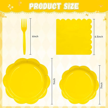 96 Pcs Yellow Paper Plates and Napkins Set Party Supplies, Tableware set for 24 Guest include Disposable Yellow Scalloped Plates, Napkins and Forks for Baby Shower Bridal Shower Wedding Fall Party