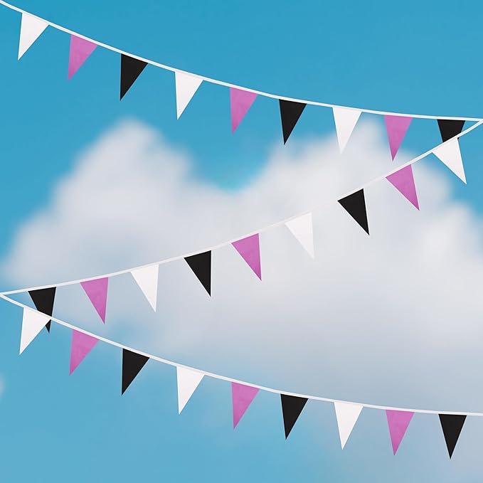 100 Ft White Purple Black Pennant Banner Flag, 60 Pcs String Hanging DIY Bunting Flags for Party, School, Birthday, Wedding, Carnival, Celebrations, Outdoor and Indoor Decorations (White Purple Black)