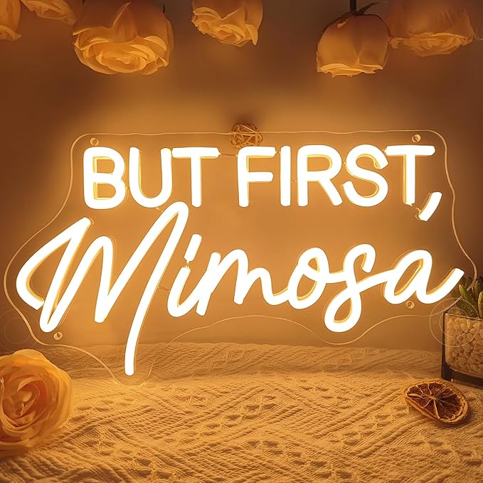 SYLHOME But First Mimosa Led Neon Light Sign Bar Shop Bedroom Wall Sign Decor Wedding Birthday Graduation Baby Bridal Shower Party Banner Backdrop USB 15.75"X8.5"