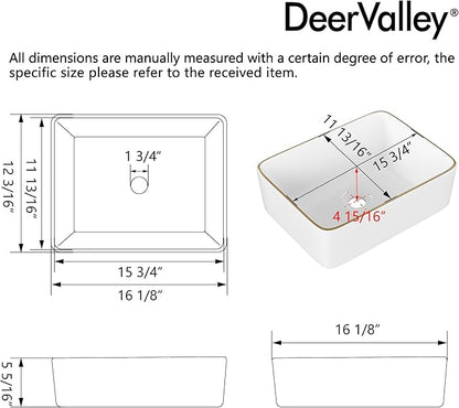 DeerValley Liberty 16x12 Inch Rectangular Vessel Sink, White Ceramic Basin with Gold Band, Above Counter Bathroom Sink, DV-1V0366