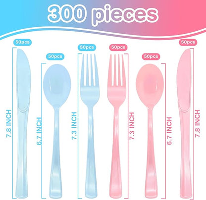 300 PCS Pink and Blue Silverware Heavy Duty 150 Pink Plastic Silverware and 150 Blue Plastic Cutlery Sets- 100 Forks 100 Knives 100 Spoons for Birthday, Baby Shower, Gender Reveal