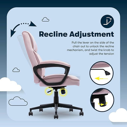 Serta Comfort Classic Executive Office Chair, Ergonomic Mid-Back Computer DeskChair with Lumbar Support, Semi-Plush Cushion and Body Pillows, Padded Armrests, Swivel Base, Pink Velvet Fabric
