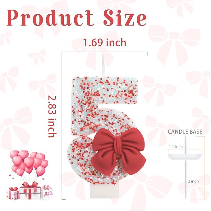 Birthday Candle for Cake, Red Bow Number Candles, 2.76 inch Cake Topper Decoration for Birthday Party (Number 5)