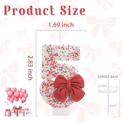 Birthday Candle for Cake, Red Bow Number Candles, 2.76 inch Cake Topper Decoration for Birthday Party (Number 5)