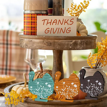 Smile 3 Pcs Wooden Blocks Colorful Turkey Signs, Thanksgiving Decor Indoor, Table Tiered Tray Kitchen Decorations