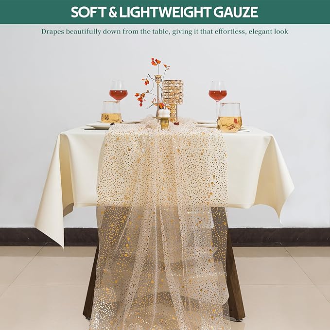 10 Pcs Gold Table Runners, 28In x 10 Ft Sheer Chiffon Tulle Cheesecloth with Glitter Metallic Foil, Golden Sequin Gauze Runner for Wedding, Birthday, Baby Shower, Anniversary Party Decor, Polka Dots