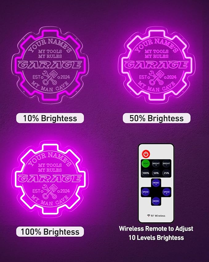 Custom Garage Neon sign for Wall Decor with Timing Remote, Personalized Gear Garage LED Neon Light for Man Cave, Home Bar, Workshop, Son Dad Birthday Gift PINK