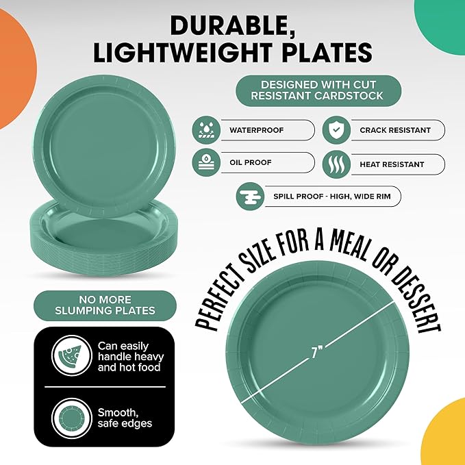 Exquisite Party Solids Dark Green Paper Plates Disposable Heavy Duty 7 Inch Dark Green Disposable Plates For Party 50 Pieces Heavy Duty 350 GSM, Birthday Supplies