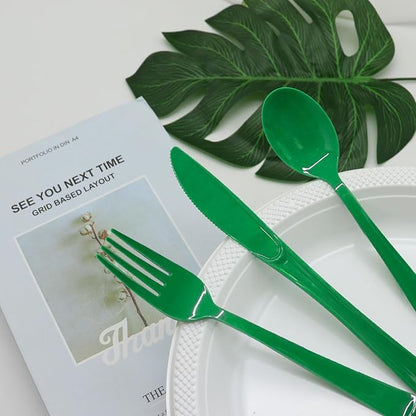 150 PCS Green Plastic Silverware Disposable Green Utensils 50 Plastic Forks, 50 Knives, 50 Spoons for Birthday, Graduation Party, Picnic