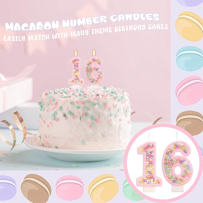 Pink Birthday Candles - Number 16 Candle, Colorful Macaron Candles, Sweet 16 Cake Topper 16 Birthday Decorations for Girls, Sweet Theme Party Supplies (Pink)