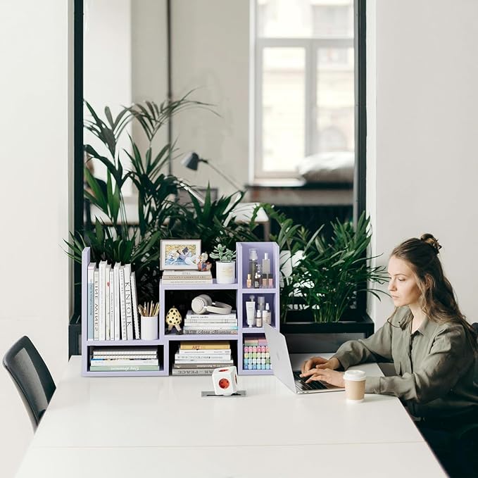 Desk Shelves Desktop Organizer Shlef - Purple Office Organization for Top of Desk Organizers and Accessories Corner Bookshelf Table Top Shelving Small Hutch Decorations for Women Office