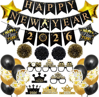 Happy New Years Decorations for Party Supplies 2026, New Years Eve Party Supplies with Balloons Happy New Year Banner Eve Glasses Headband 2026, Happy New Year Party Decorations Set
