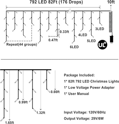 792 LED Christmas Outdoor Lights with 176 Drops, 82ft Hanging Curtain Lights 8 Modes, Christmas Fairy Lighs with Timer & Memory for House Roof Holiday Wedding Holiday Decor (Cool White)