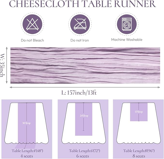 Lavender Purple Cheese Cloth Table Runner Boho 13FT Cotton Gauze Cheesecloth Table Runner for Baby Shower Wedding Bridal Shower Decor Summer Table Decor
