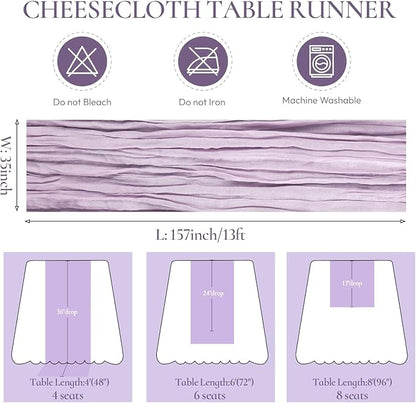 Lavender Purple Cheese Cloth Table Runner Boho 13FT Cotton Gauze Cheesecloth Table Runner for Baby Shower Wedding Bridal Shower Decor Summer Table Decor