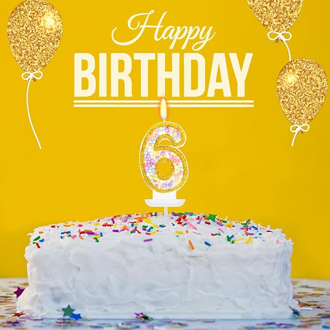 6th Birthday Candle for Cake, Colorful Macaron Numeral Candles for Girls/Boys, Birthday Party Cake Decorations, Golden Cake Topper for Birthday Party Supplies (Number 6)