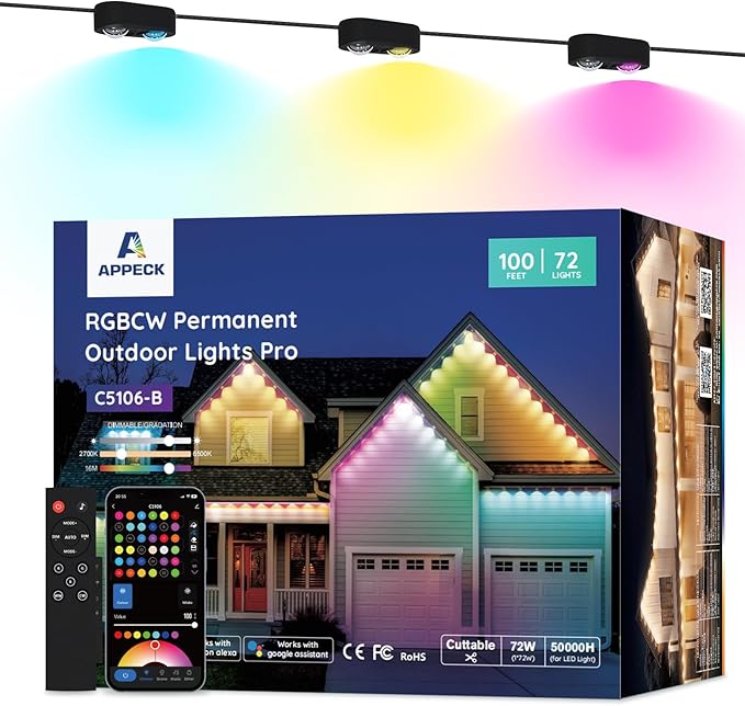 APPECK Permanent Outdoor Lights Pro 100ft, 72W RGBCW Eaves Lights with 72 LED Lights, 80lm, Cuttable, 111 Scene Modes, IP67 Waterproof Lighting for Christmas Decoration, Work with Alexa, Black