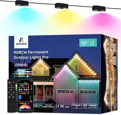 APPECK Permanent Outdoor Lights Pro 100ft, 72W RGBCW Eaves Lights with 72 LED Lights, 80lm, Cuttable, 111 Scene Modes, IP67 Waterproof Lighting for Christmas Decoration, Work with Alexa, Black