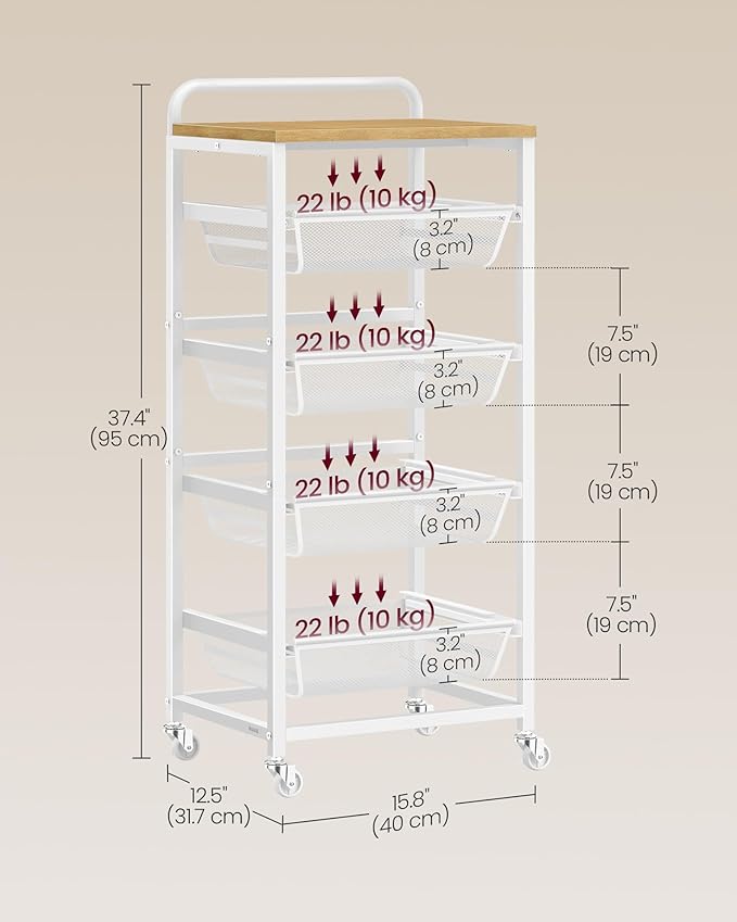 VASAGLE Storage Rolling Cart with Pull-Out Baskets, 5-Tier Utility Cart Orgnizer with Wheels for Laundry Room, Kitchen, Handle, 12.5 x 15.8 x 37.4 Inches, Golden Oak and Matte White ULRC041YA01