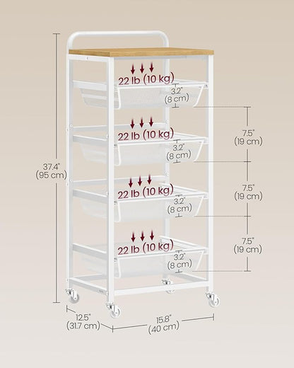 VASAGLE Storage Rolling Cart with Pull-Out Baskets, 5-Tier Utility Cart Orgnizer with Wheels for Laundry Room, Kitchen, Handle, 12.5 x 15.8 x 37.4 Inches, Golden Oak and Matte White ULRC041YA01